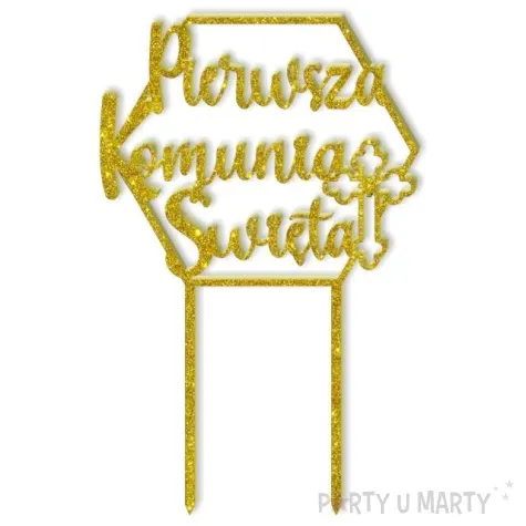 topper z pleksy pierwsza komunia sw heksagon zloty brokat 19 5 cm