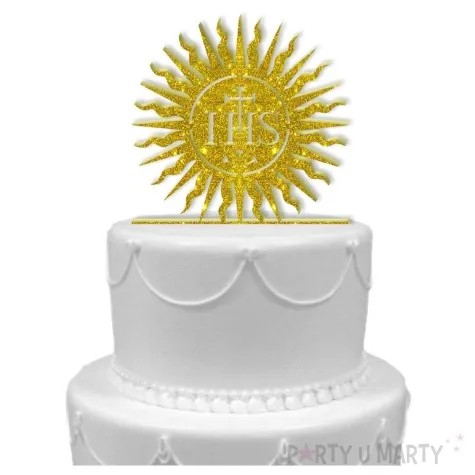 topper z pleksy pierwsza komunia sw hostia zloty brokat 15 cm