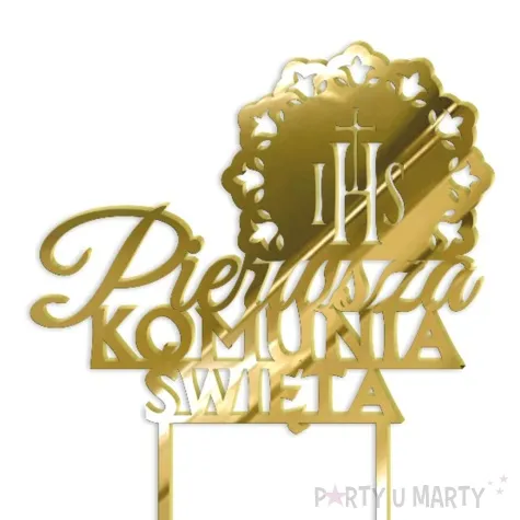 topper z pleksy pierwsza komunia sw ihs koronka zloty lustrzany 13 x 18 5 cm