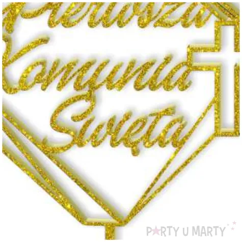 topper z pleksy pierwsza komunia sw kwadrat zloty brokat 19 5 cm