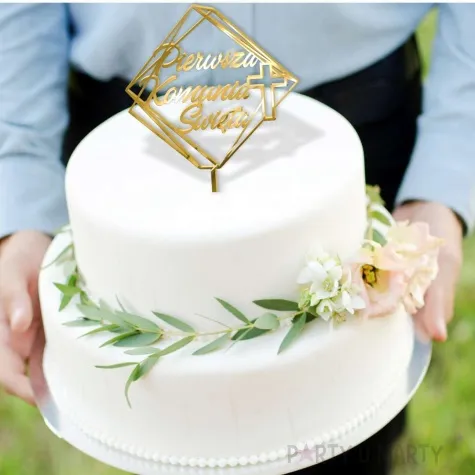 topper z pleksy pierwsza komunia sw kwadrat zloty lustrzany 19 5 cm