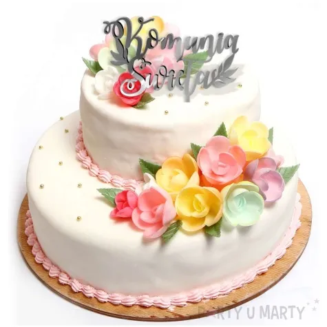 topper z pleksy pierwsza komunia sw listki srebrny lustrzany 14 x 15 cm