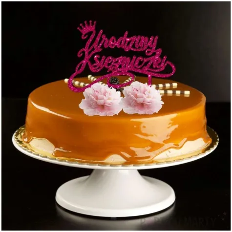 topper z pleksy urodziny ksiezniczki rozowy brokat 14 5x16 5 cm