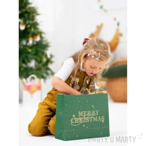 torebka na prezenty merry christmas gwiazdki zielony partydeco 26 5 x 32 5 cm