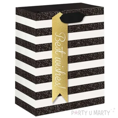 torebka na prezenty pasy brokatowe czarno biala partypal 31x26 cm