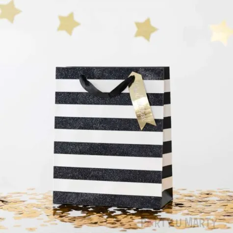 torebka na prezenty pasy brokatowe czarno biala partypal 31x26 cm