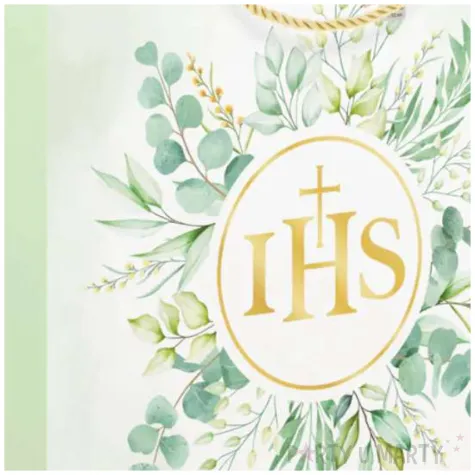 torebka na prezenty pierwsza komunia swieta ihs w eukaliptusie partypal 32x26x12 cm