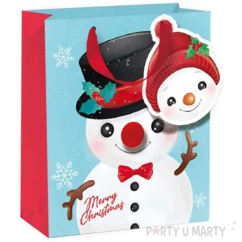 torebka prezentowa balwanek merry christmas blekitny partypal 18x23x10