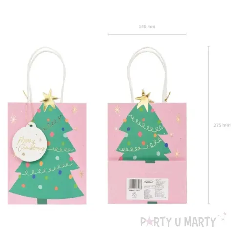 torebka prezentowa choinka swiateczna rozowy partydeco 20x14 cm