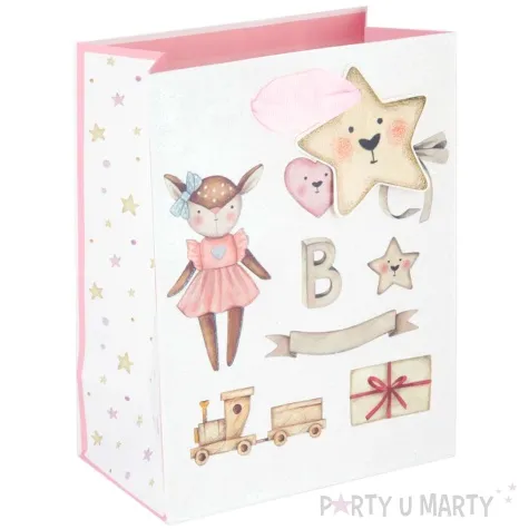 torebka prezentowa dzieciece atrybuty ciuchcia rozowy jasny partypal 23 x 17 5 x 10 cm