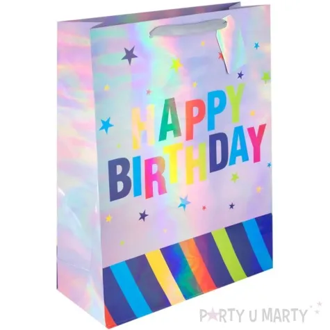 torebka prezentowa holograficzne happy birthday w paski partypal 32x26 cm