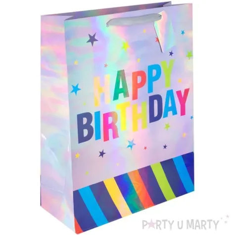 torebka prezentowa holograficzne happy birthday w paski partypal 32x26 cm