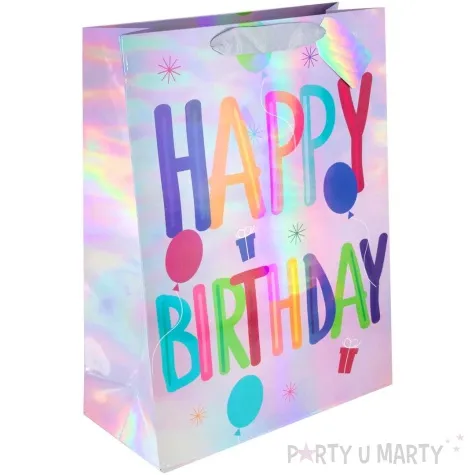 torebka prezentowa holograficzne happy birthday w paski partypal 42x32 cm