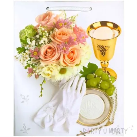 torebka prezentowa i komunia kielich i herbaciane roze pol maki 19x23x10 5 cm