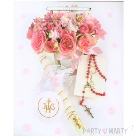 torebka prezentowa i komunia swieca rozaniec roze pol maki 19x23x10 5 cm