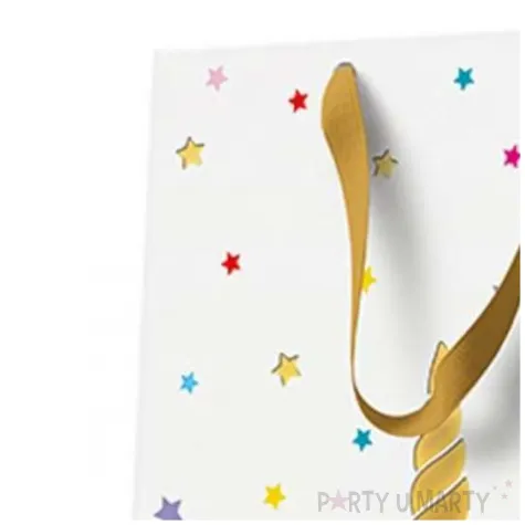 torebka prezentowa jednorozec i gwiazdki bialo zloty paw 20 x 25 x 10 cm