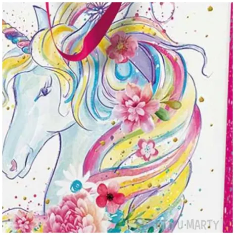 torebka prezentowa jednorozec i kwiaty bialo rozowy paw 30 x 41 x 12 cm