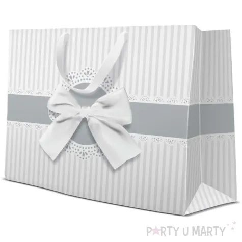 torebka prezentowa kokarda ze srebrem paw 33x26 cm