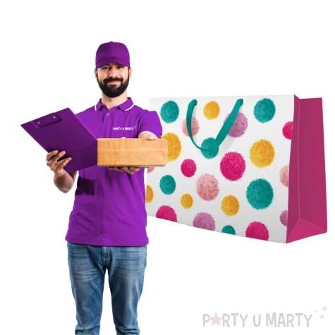 torebka prezentowa kolorowe pompony paw 33 5 x 26 5 x 13 cm