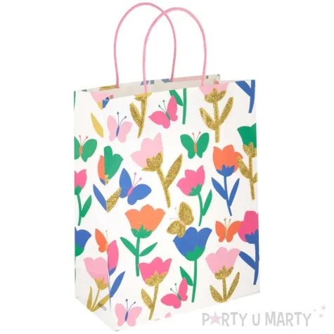 torebka prezentowa kwiaty i motylki bialy partypal 42 x 32 x 11 cm