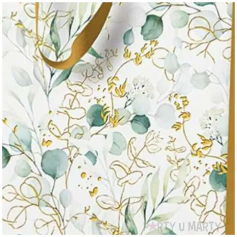 torebka prezentowa liscie eukaliptusa bialo zloty paw 26 5 x 33 5 x 13 cm