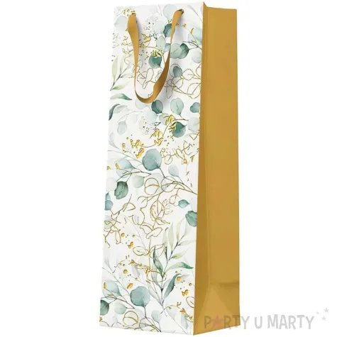 torebka prezentowa liscie eukaliptusa na butelke bialy paw 37x12 cm