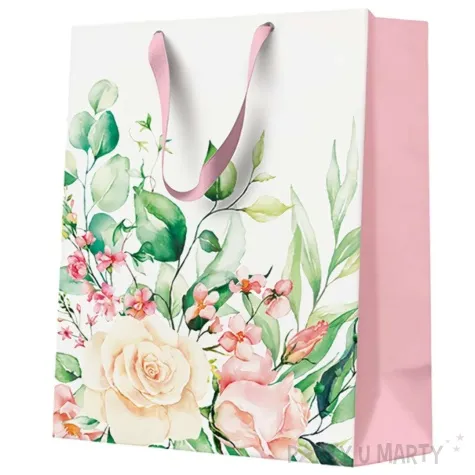 torebka prezentowa liscie i kwiaty bialo rozowy paw 20 x 25 x 10 cm
