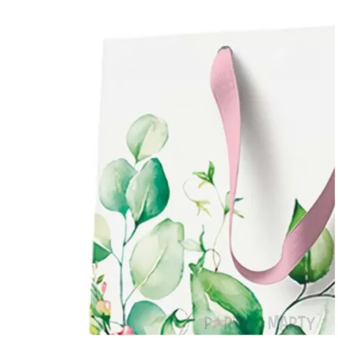 torebka prezentowa liscie i kwiaty bialo rozowy paw 20 x 25 x 10 cm