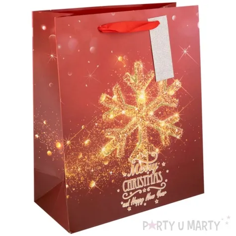 torebka prezentowa merry christmas and happy new year zlota sniezynka partypal 32x26 cm