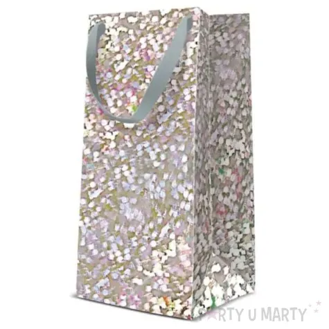 torebka prezentowa nakrapiana srebrna paw 10x22x7 cm