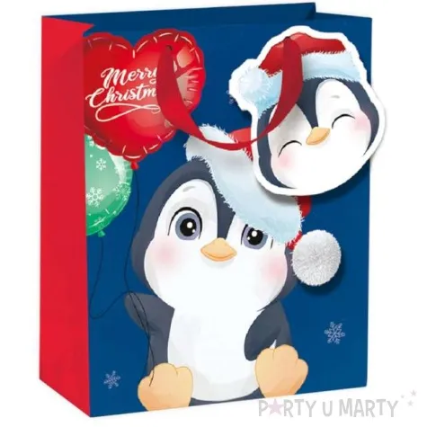 torebka prezentowa pingwinek merry christmas niebieska partypal 32x42x12 cm