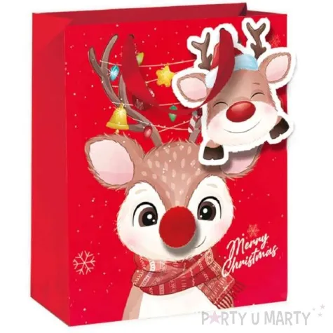 torebka prezentowa renifer merry christmas czerwona partypal 26x32x12 5