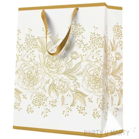 torebka prezentowa rosliny bialo zloty paw 26 5 x 33 5 x 13 cm