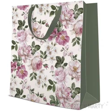 torebka prezentowa roze zielone uchwyty i boki paw 26 5 x 33 5 x 13 cm