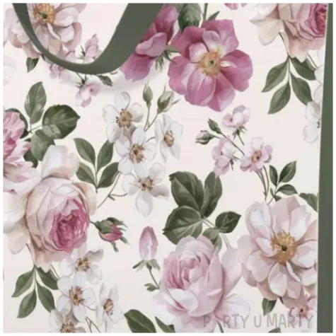 torebka prezentowa roze zielone uchwyty i boki paw 26 5 x 33 5 x 13 cm