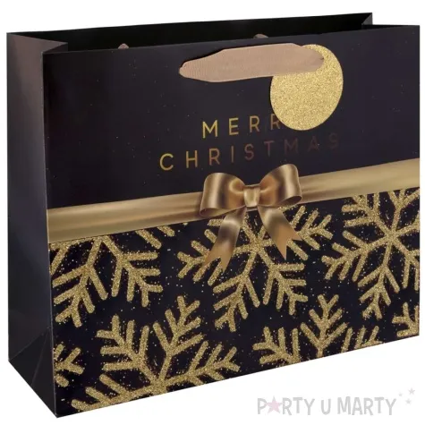 torebka prezentowa sniezynki merry christmas czarny partypal 44 x 32 5 cm