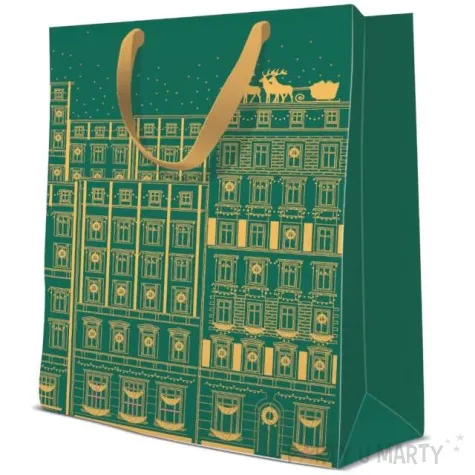 torebka prezentowa swiateczna kamienica zielona paw 26x33x13 cm