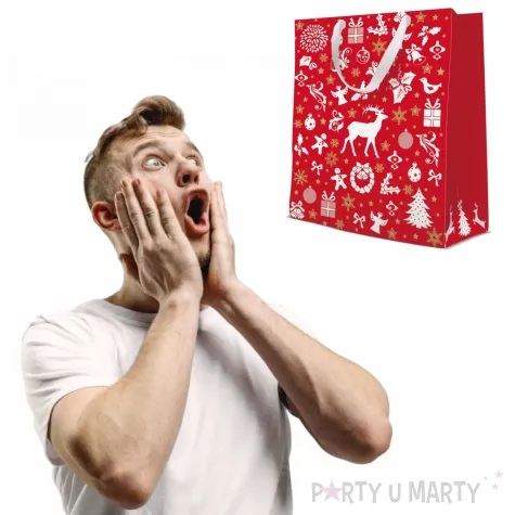 torebka prezentowa swiateczny klimat renifer sniezki czerwona paw 17x17x6 cm