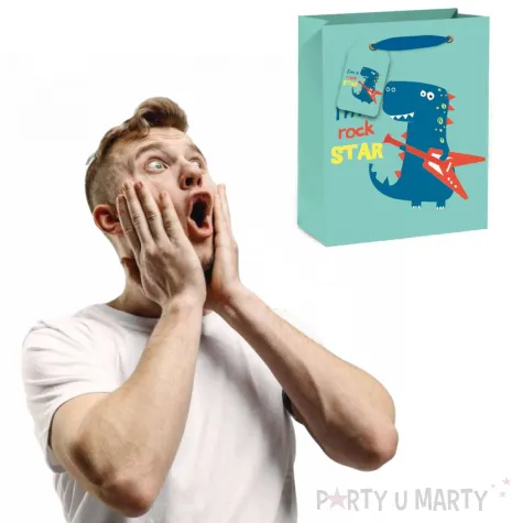 torebka prezentowa wesoly dinozaur zielona partypal 32 x 26 cm