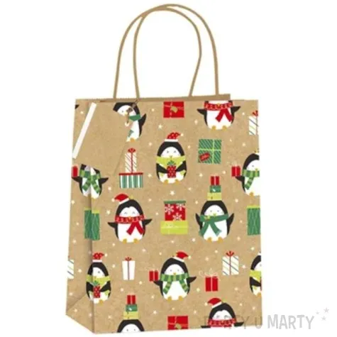 torebka prezentowa xmas pingwiny zlota partypal 32x42x12 cm