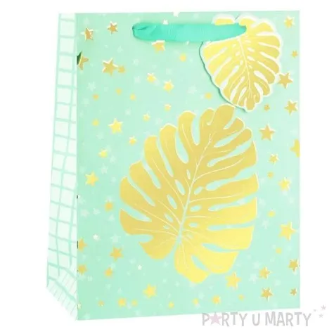 torebka prezentowa zloty lisc monstera zielona partypal 23 x 18 cm