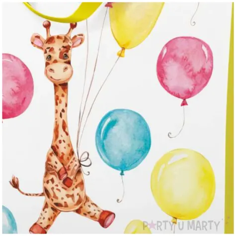 torebka prezentowa zyrafa i balony bialy zolty paw 26 5 x 13 x 33 5 cm