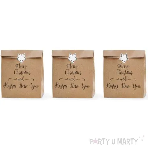 torebki na slodycze merry christmas and happy new year kraft partydeco 3 szt