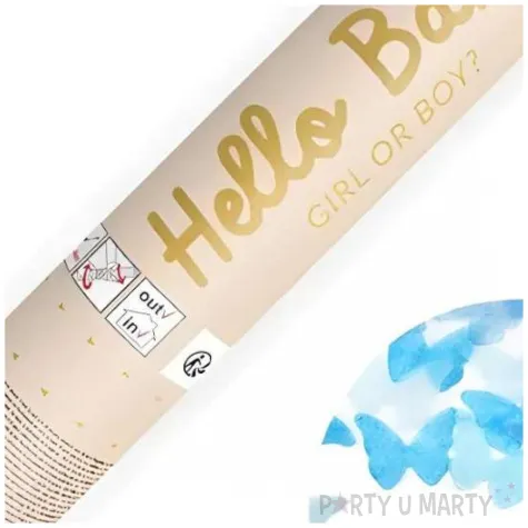 tuba strzelajaca konfetti girl or boy chlopiec niebieski partydeco 20 cm