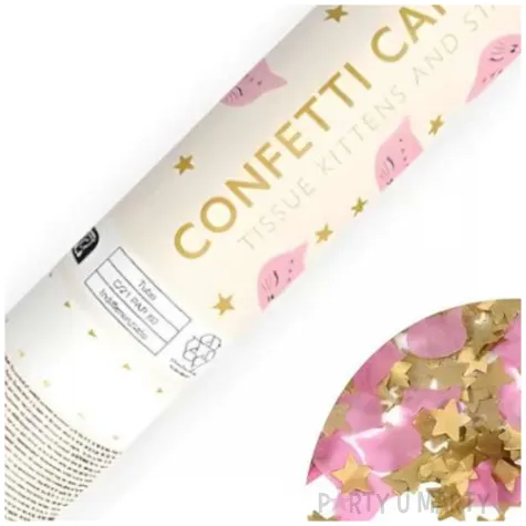 tuba strzelajaca konfetti kotki i gwiazdki zloty rozowy partydeco 20 cm