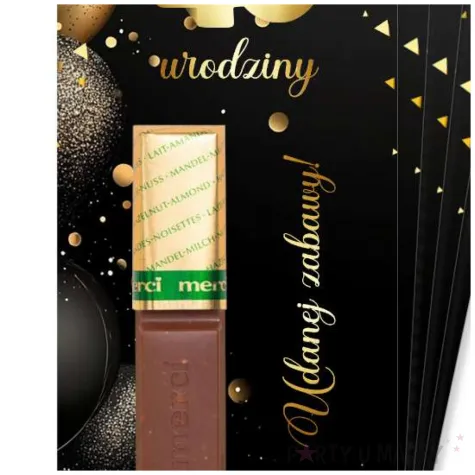 upominek dla gosci bileciki na czekoladki 40 urodziny glamour merci podziekowania 5 szt