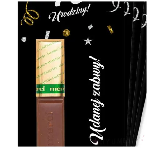 upominek dla gosci bileciki na czekoladki 40 urodziny glamour merci podziekowania 5 szt