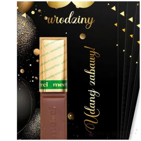 upominek dla gosci bileciki na czekoladki 50 urodziny glamour merci podziekowania 5 szt