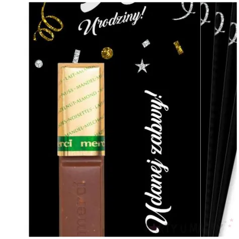 upominek dla gosci bileciki na czekoladki 90 urodziny glamour merci podziekowania 5 szt