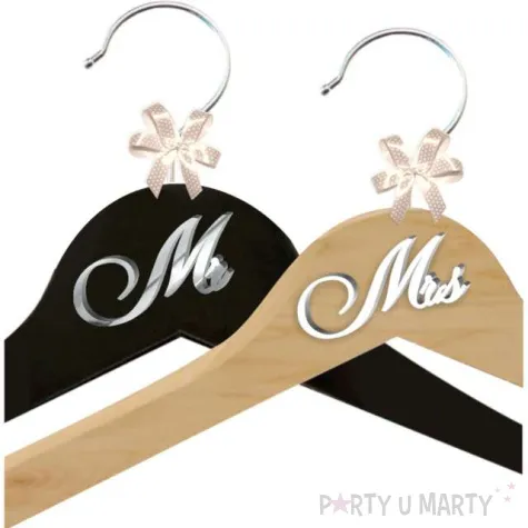 wieszaki slubne mr i mrs srebrny bialy czarny drewno 2 szt